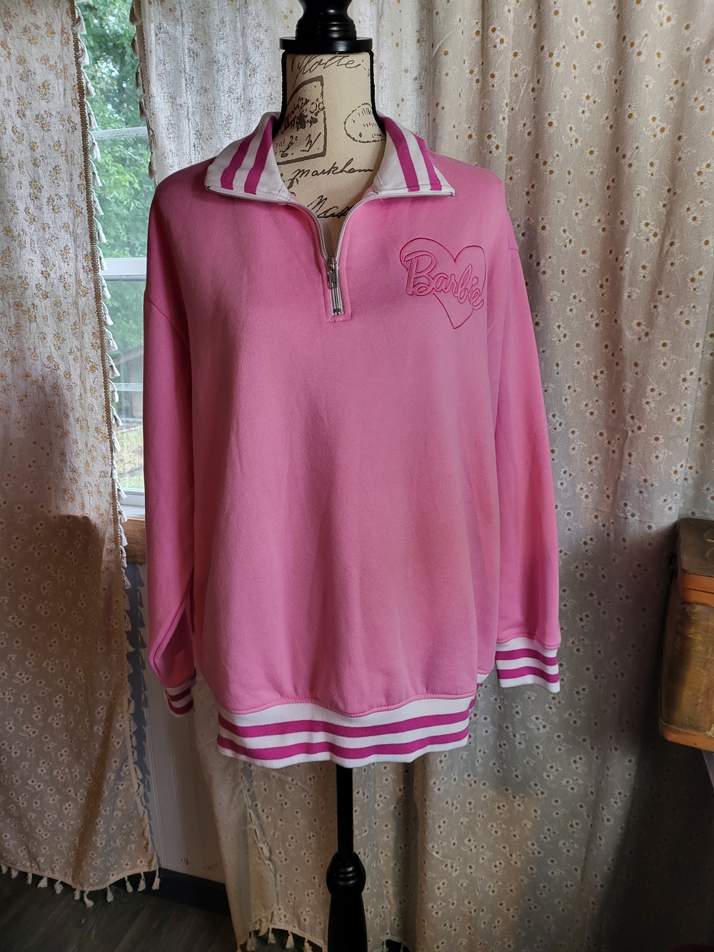Barbie Pink Quarter-Zip Varsity Pullover Sweatshirt XL
